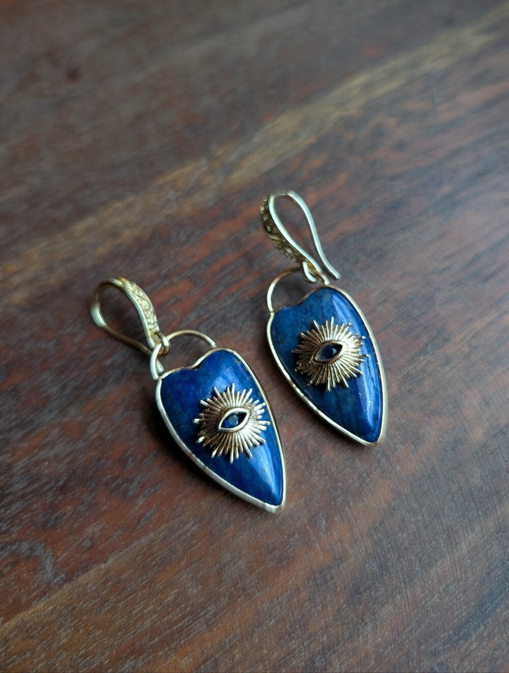Blue Lapis Shield Gold Drop Earrings with Sunburst Eye Accent